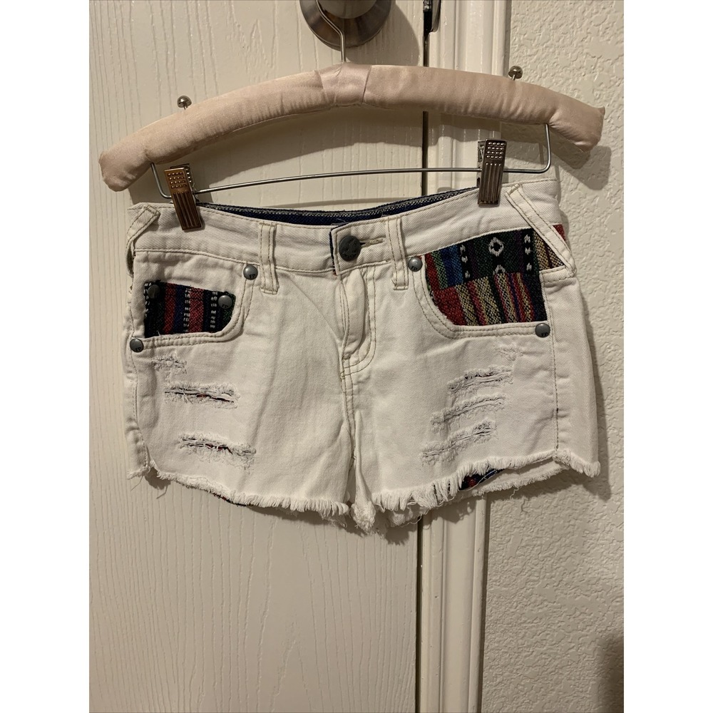 Free People Shorts Womens 24 White Cutoff Denim Distressed Boho Stripe Pockets